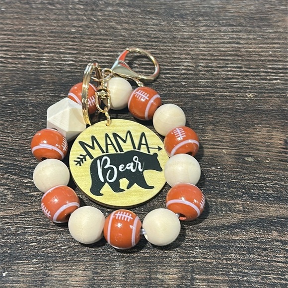 NWT Football 🏈 MAMA BEAR Keychain Wristlet large wooden beads with footballs 🏈 - Picture 3 of 4